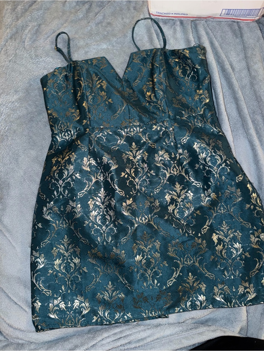 Altar'd State Teal and Gold Brocade Mini Dress